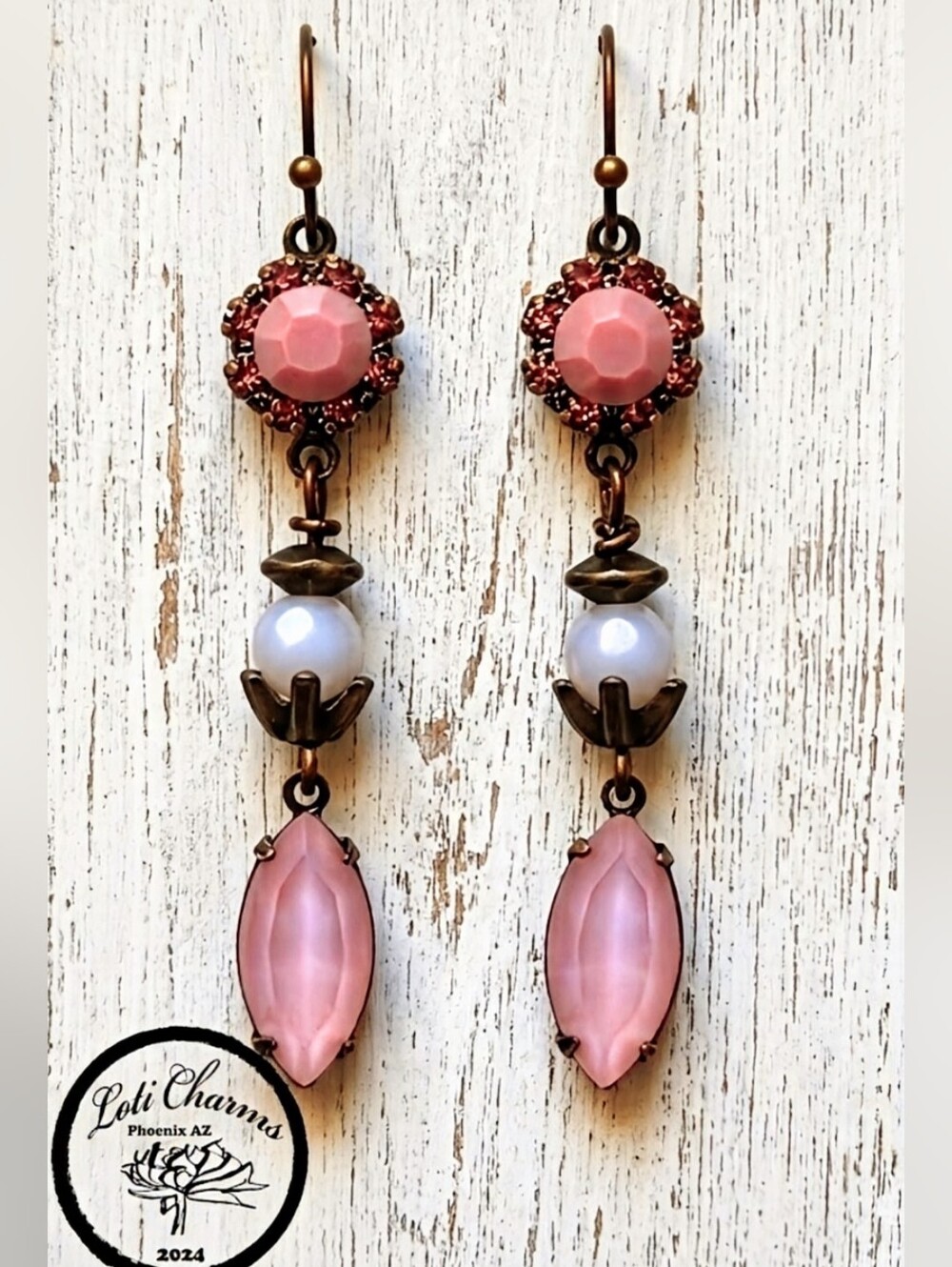 Victorian Pink Flower Crystal In Three Tier Long Earrings In Brass